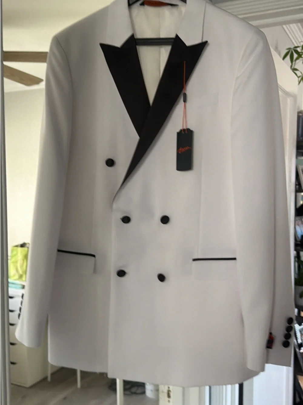 Egara White Double-Breasted Tuxedo Blazer with Black Peak Lapel